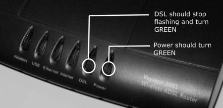 voyager 2091 lights - DSL should stop flashing and turn GREEN, power should turn green.
