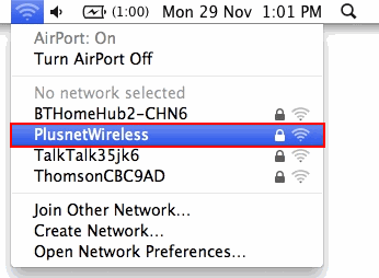 Find PlusnetWireless on the list of available networks and click on it.