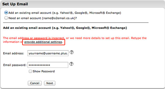 After a few moments you'll see an error message stating that more details are required to set up this email. Click provide additional settings.