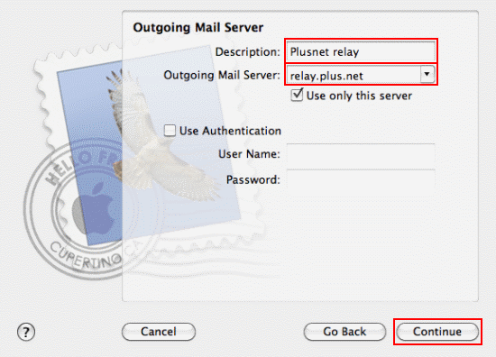 Fill in the Outgoing Mail Server details and click Continue.