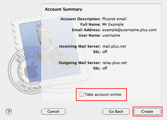 To finish, make sure that Take account online is ticked and click Create.