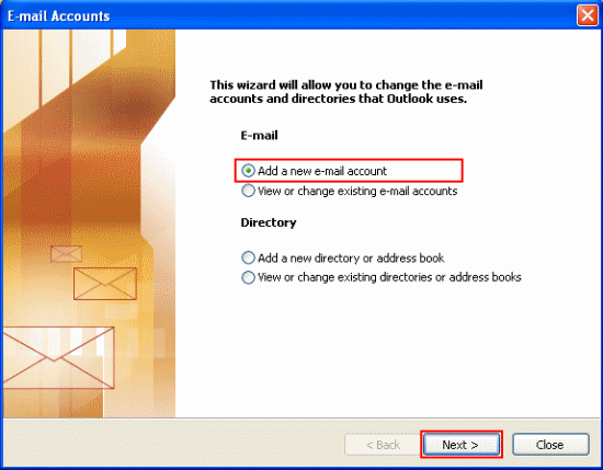 Make sure Add a new email account is selected and click Next.