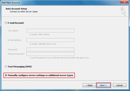 Select Manually configure server settings or additional server types and click Next.