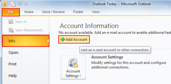 Click the File tab, make sure Info is selected from the left menu and click Add Account.