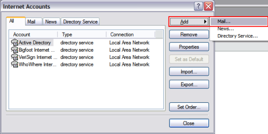 Click Add, then Mail. This will launch the Internet Connection Wizard.