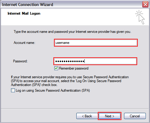 Fill in your E-mail username and password, don't tick Log on using Secure Password Authentication (SPA). Click Next to continue.