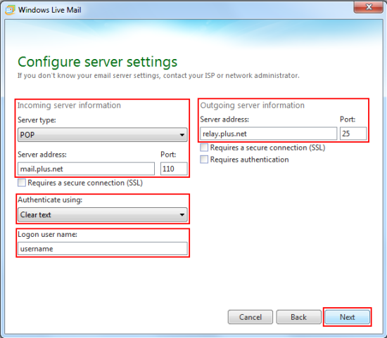 Fill in your mail server addresses and email username (see below the screenshot if you need help with this).