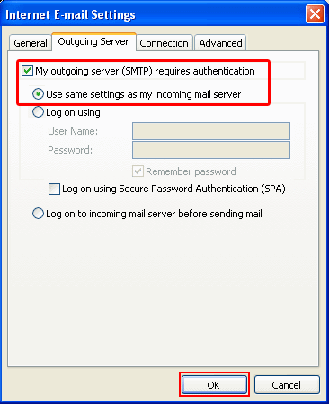 Select the Outgoing Server tab and tick My Outgoing server (SMTP) requires authentication This will allow you to select Use same settings as my incoming mail server.