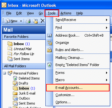 In Outlook 2003, go to Tools on the top bar and select E-mail Accounts...