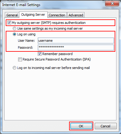 Select the Outgoing Server tab and tick My Outgoing server (SMTP) requires authentication.  This will allow you to select Use same settings as my incoming mail server.