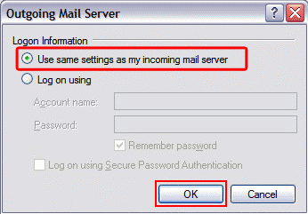 Select Use same settings as my incoming mail server and click OK.