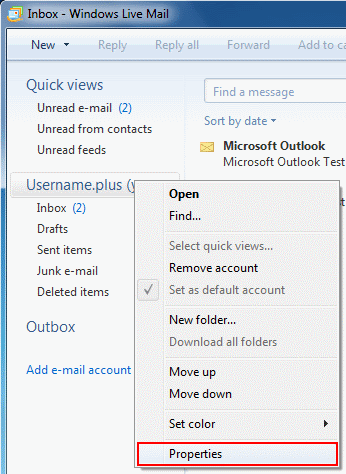 In Windows Live Mail, right click on your email account and choose Properties from the menu.