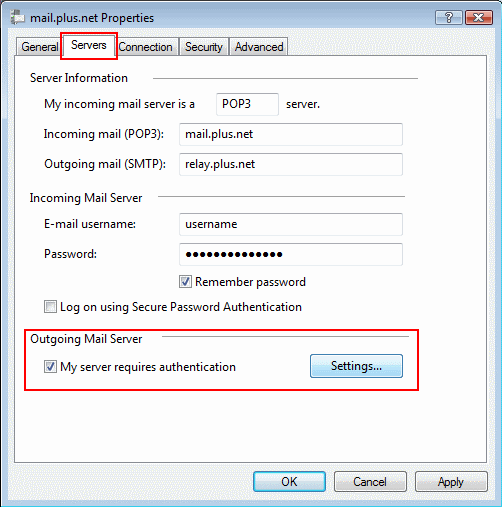 Select the Servers tab, tick My server requires authentication and then click Settings.
