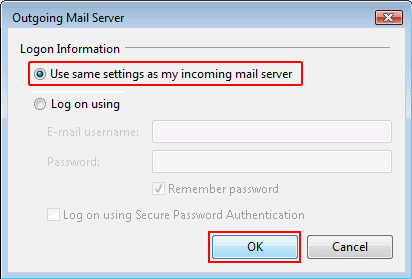 Select Use same settings as my incoming mail server and click OK.