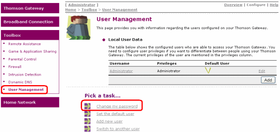 From the Toolbox menu, choose Usermanagement. On the User Management screen, click Change My Password.
