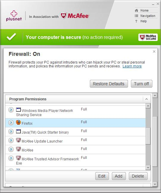 McAfee Firewall permissions
