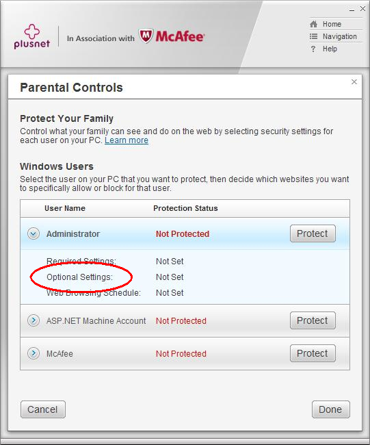 Parental Controls optional settings
