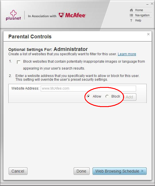 Parental Controls optional settings continued