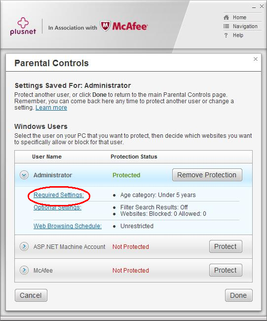 Parental Controls required settings