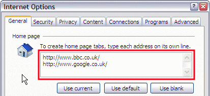 Tools - Internet Options - General - Home Page
